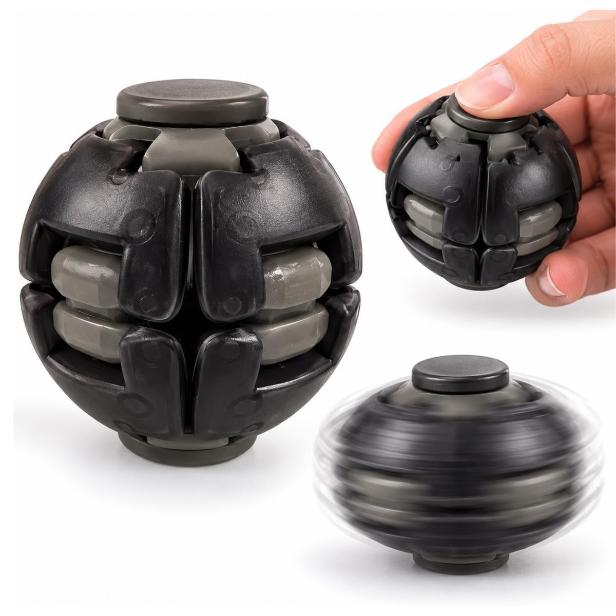 Push & Spin Fidget Ball – Black Sensory Stress Relief Spinning Toy for Kids & Adults