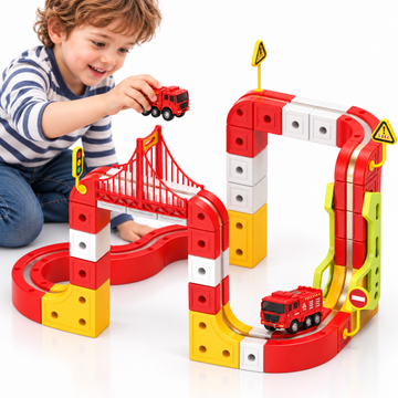 Electric Fire Truck Set for Kids, 115-Piece 3D Infinity Track Railway Toy