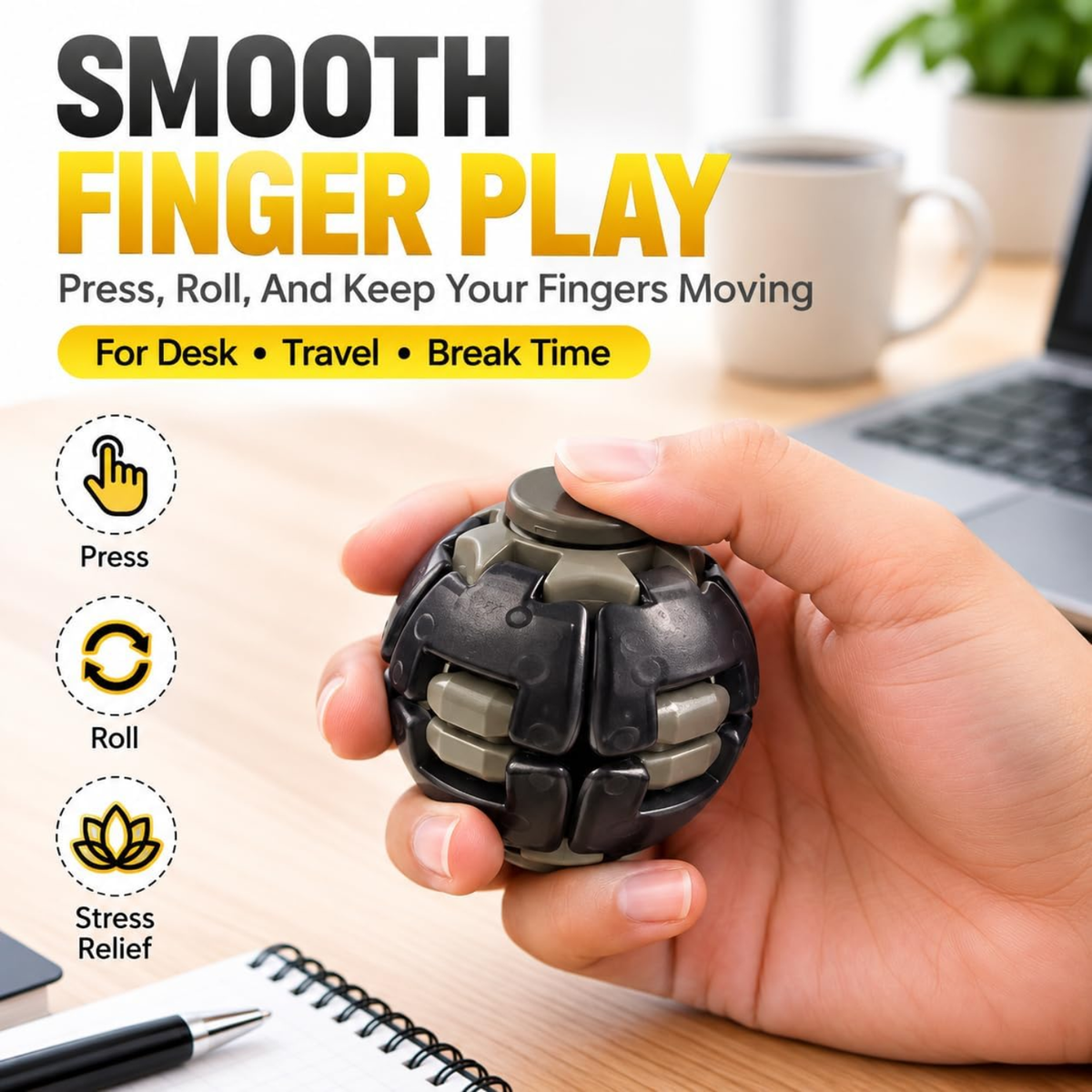 Push & Spin Fidget Ball – Black Sensory Stress Relief Spinning Toy for Kids & Adults
