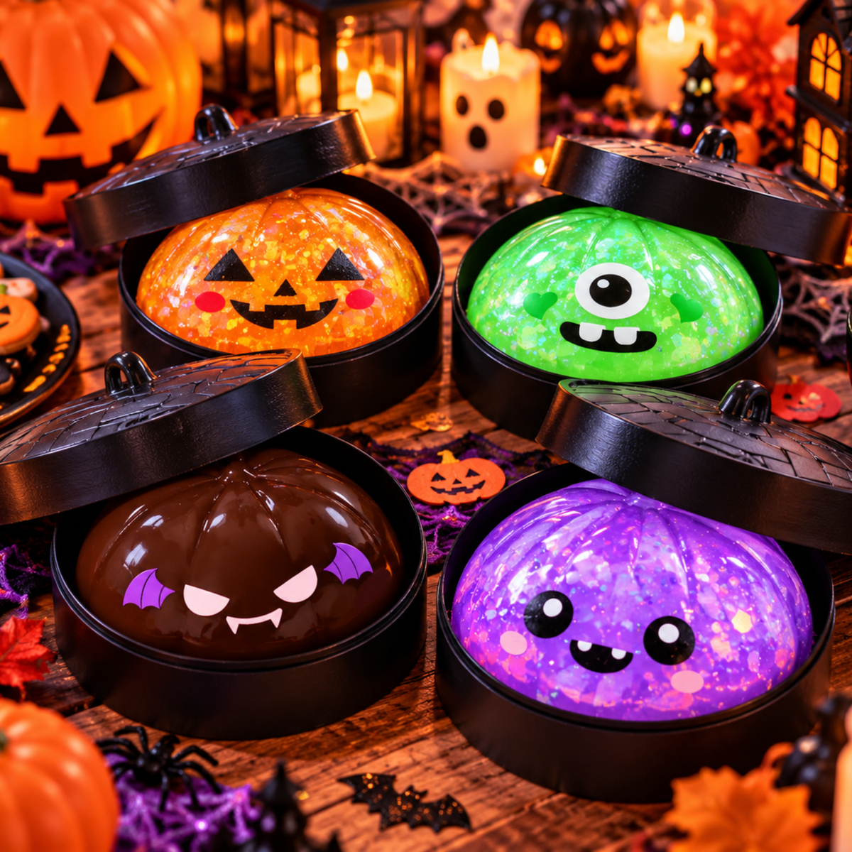 Halloween Brown Demon Squishy Toy – 8cm Glitter One-Eyed Stress Relief Fidget Toy with Mini Steamer Basket