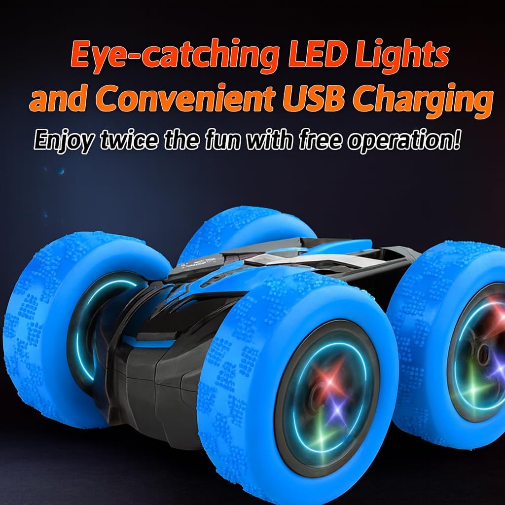 Remote Control Car for Kids Ages 6+, RC Cars Stunt Car Toy 4WD Double Sided 360° Rotating Remote Control with Headlights, Birthday Xmas Gifts for Boys 6 7 8 9 10 11 12 1-Blue