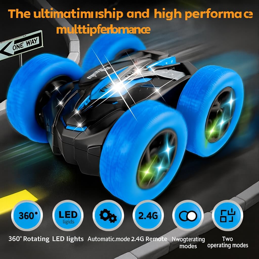 Remote Control Car for Kids Ages 6+, RC Cars Stunt Car Toy 4WD Double Sided 360° Rotating Remote Control with Headlights, Birthday Xmas Gifts for Boys 6 7 8 9 10 11 12 1-Blue