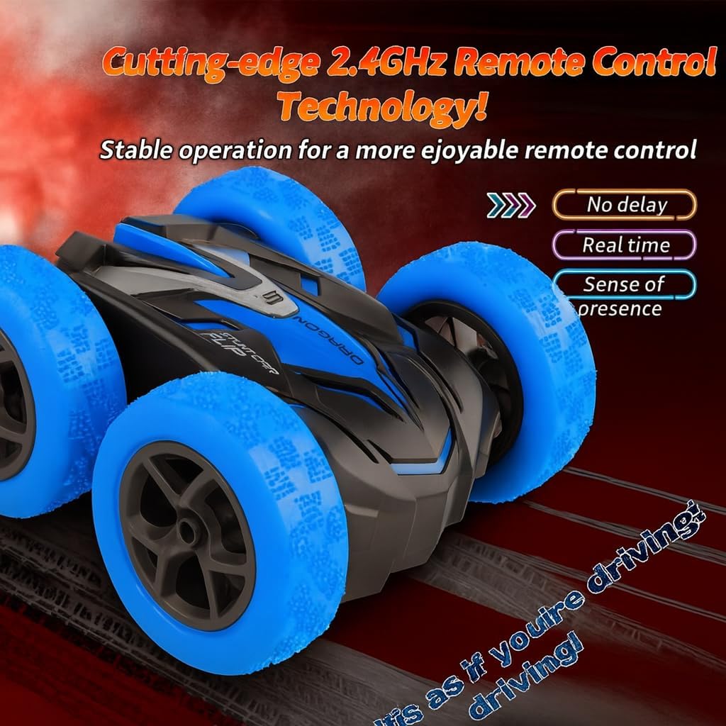 Remote Control Car for Kids Ages 6+, RC Cars Stunt Car Toy 4WD Double Sided 360° Rotating Remote Control with Headlights, Birthday Xmas Gifts for Boys 6 7 8 9 10 11 12 1-Blue