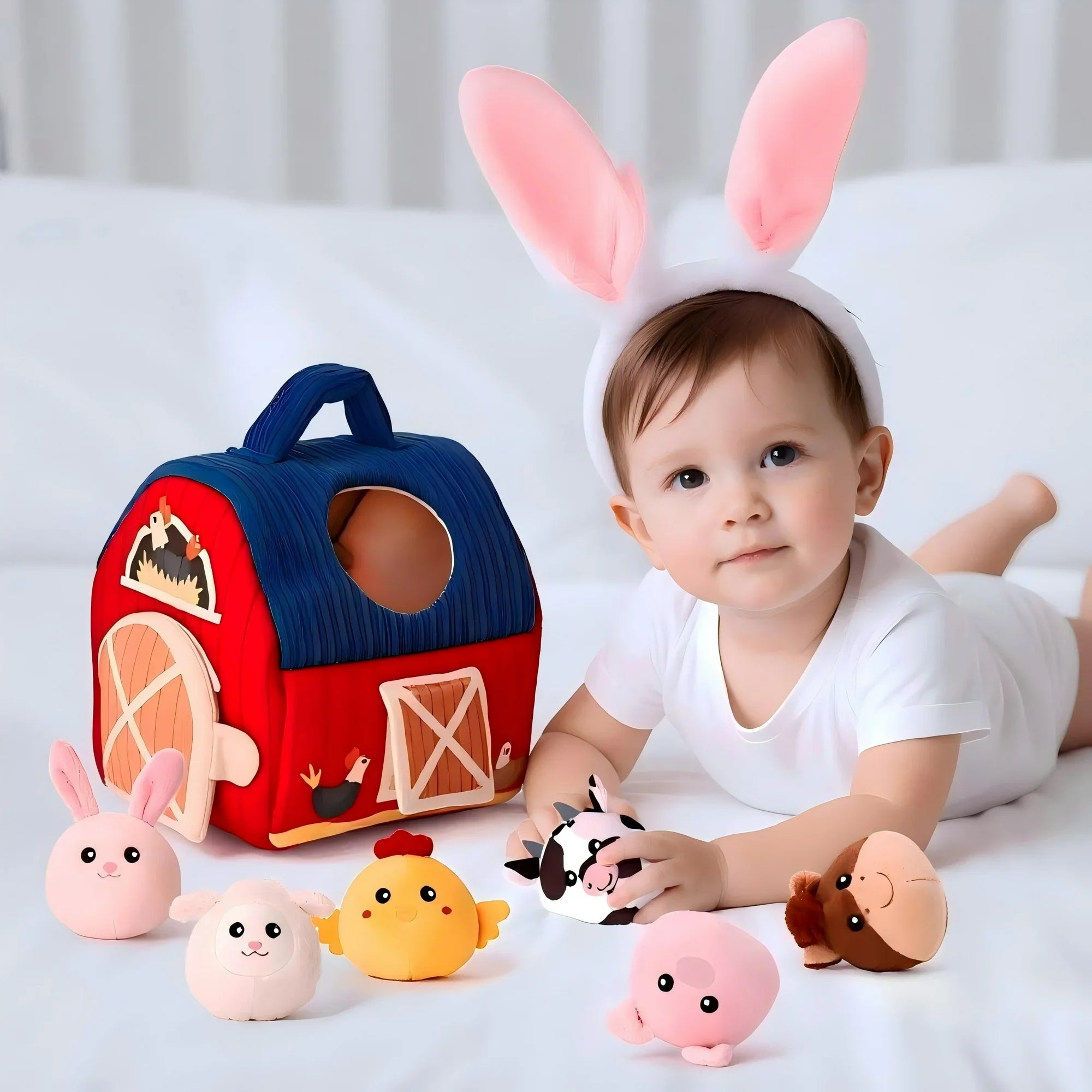 Soft Plush Farm Animal Playset with Barn, 7 Pieces
