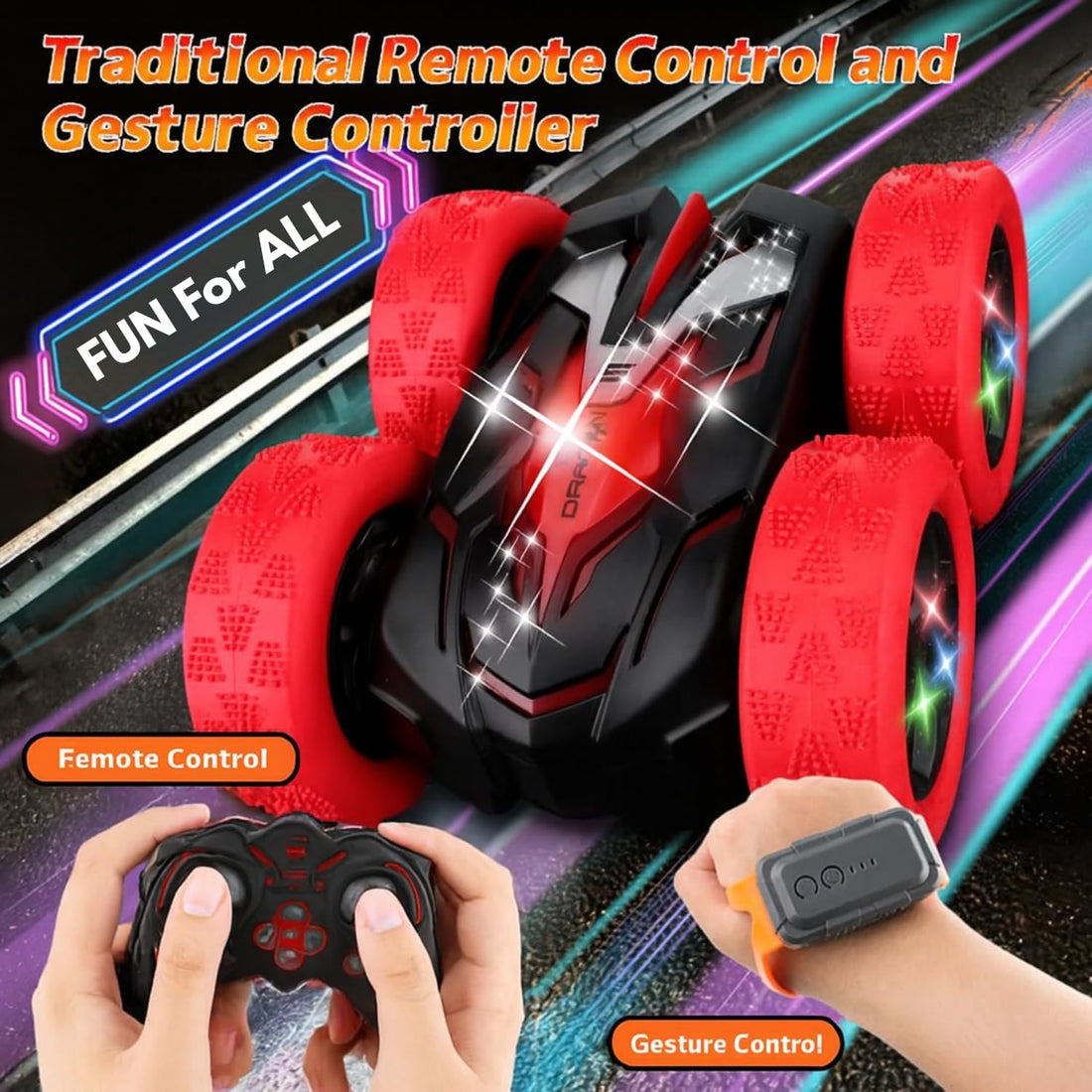 Remote Control Car for Kids Ages 6+, RC Cars Stunt Car Toy 4WD Double Sided 360° Rotating Remote Control with Headlights, Birthday Xmas Gifts for Boys 6 7 8 9 10 11 12 13-Red