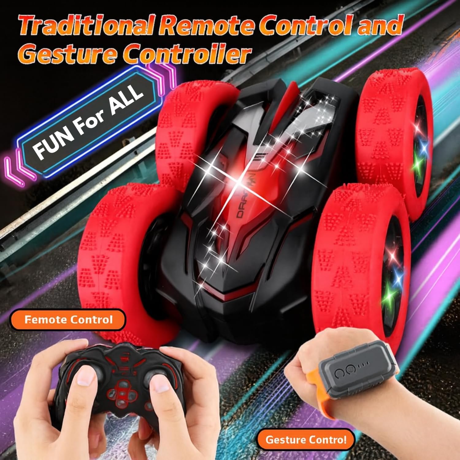 Remote Control Car for Kids Ages 6+, RC Cars Stunt Car Toy 4WD Double Sided 360° Rotating Remote Control with Headlights, Birthday Xmas Gifts for Boys 6 7 8 9 10 11 12 13-Red