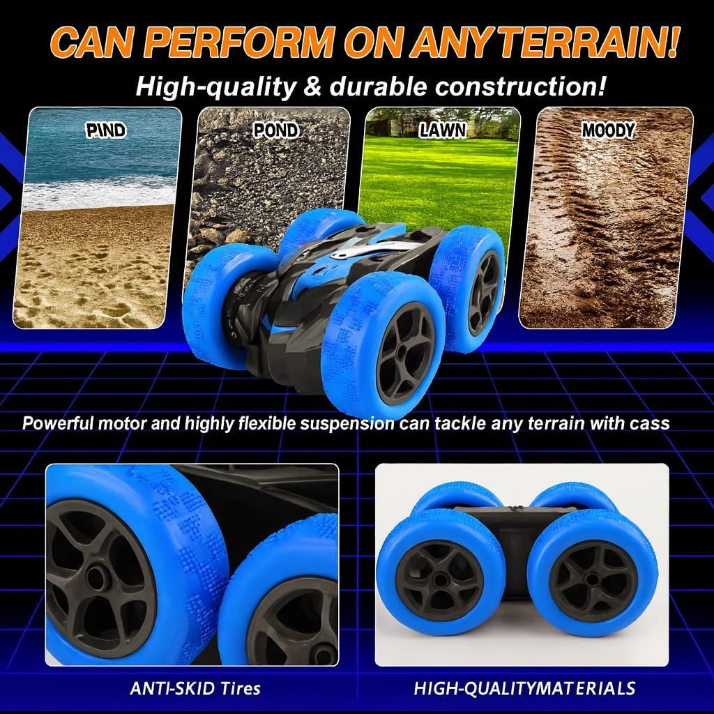 Remote Control Car for Kids Ages 6+, RC Cars Stunt Car Toy 4WD Double Sided 360° Rotating Remote Control with Headlights, Birthday Xmas Gifts for Boys 6 7 8 9 10 11 12 1-Blue