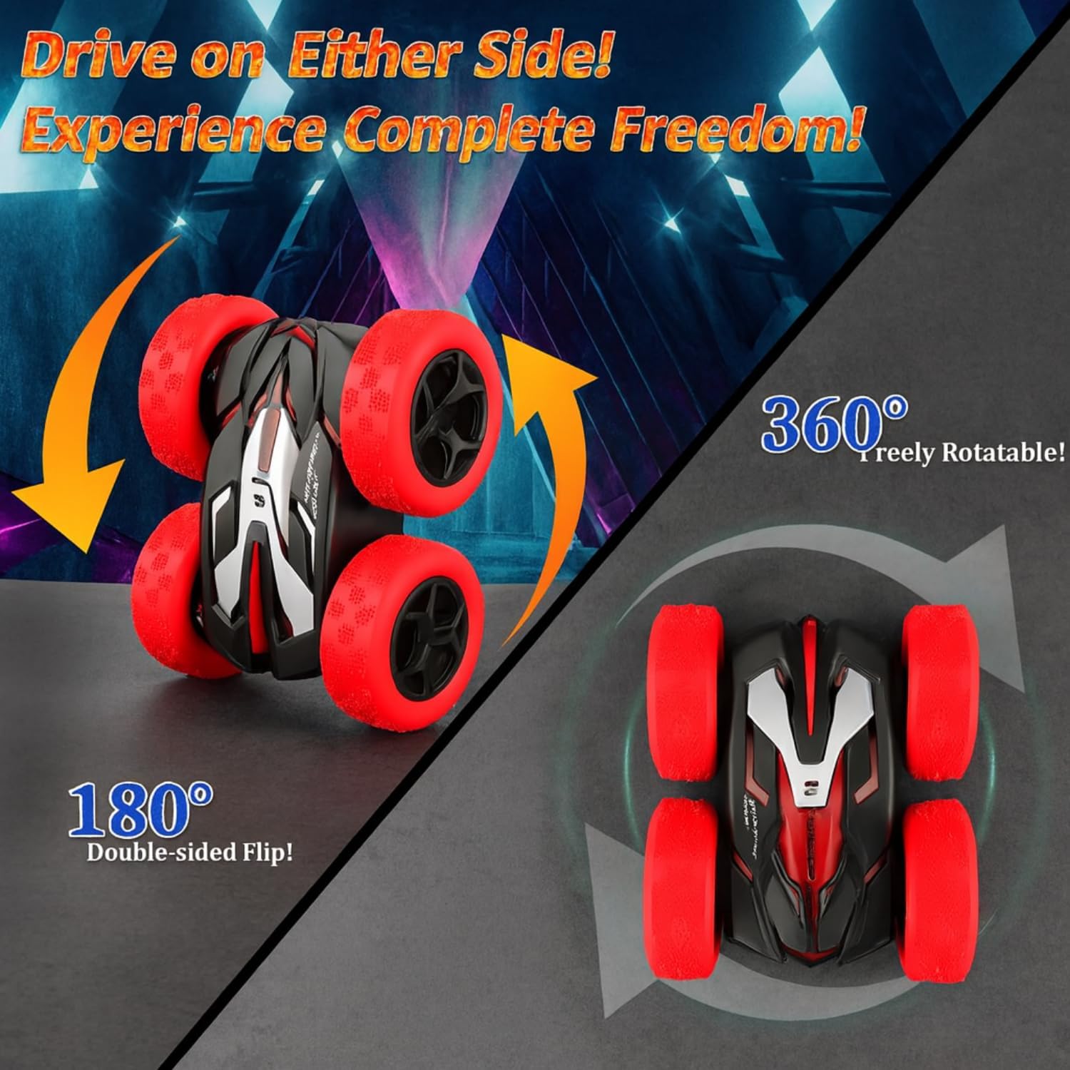 Remote Control Car for Kids Ages 6+, RC Cars Stunt Car Toy 4WD Double Sided 360° Rotating Remote Control with Headlights, Birthday Xmas Gifts for Boys 6 7 8 9 10 11 12 13-Red