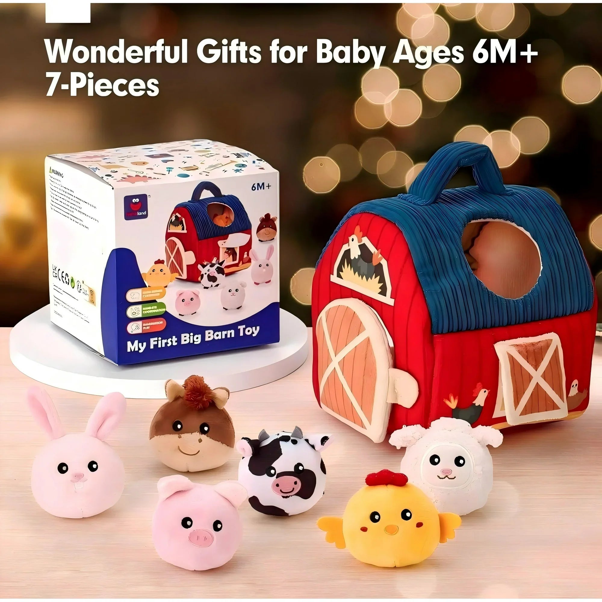 Soft Plush Farm Animal Playset with Barn, 7 Pieces