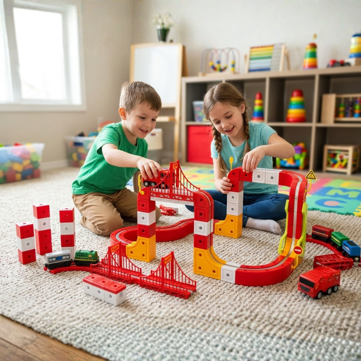 Electric Fire Truck Set for Kids, 115-Piece 3D Infinity Track Railway Toy
