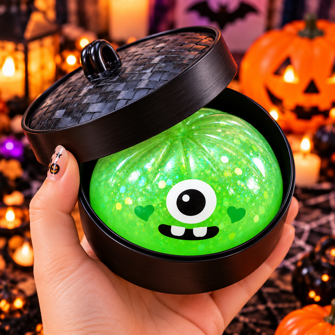 Halloween Green Monster Squishy Toy – 8cm Glitter One-Eyed Stress Relief Fidget Toy with Mini Steamer Basket