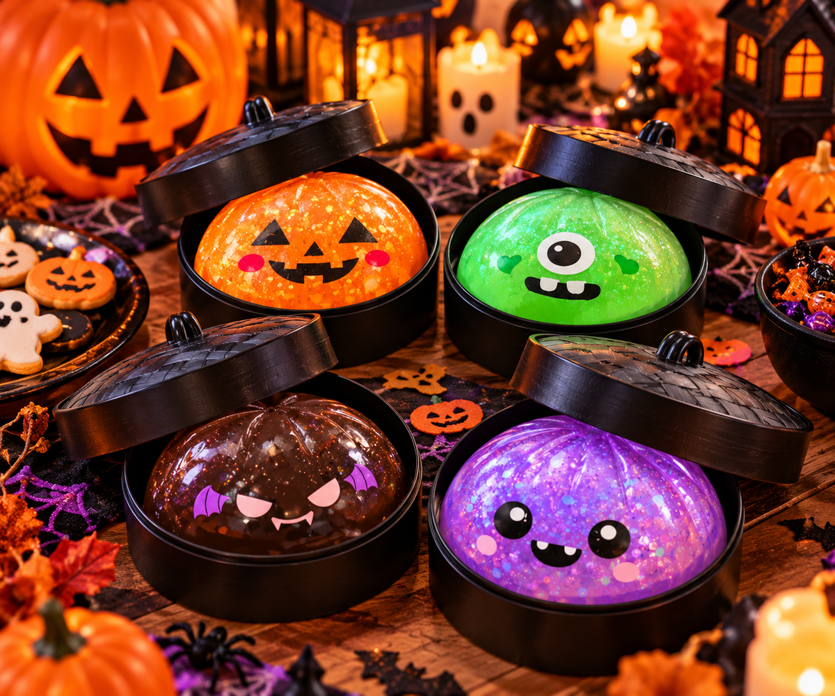 Halloween Purple Glitter Squishy Toy – 8cm Cute Monster Stress Relief Fidget Toy with Mini Steamer Basket