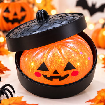 Halloween Pumpkin Squishy Toy – 8cm Glitter Stress Relief Fidget Toy with Black Steamer Basket