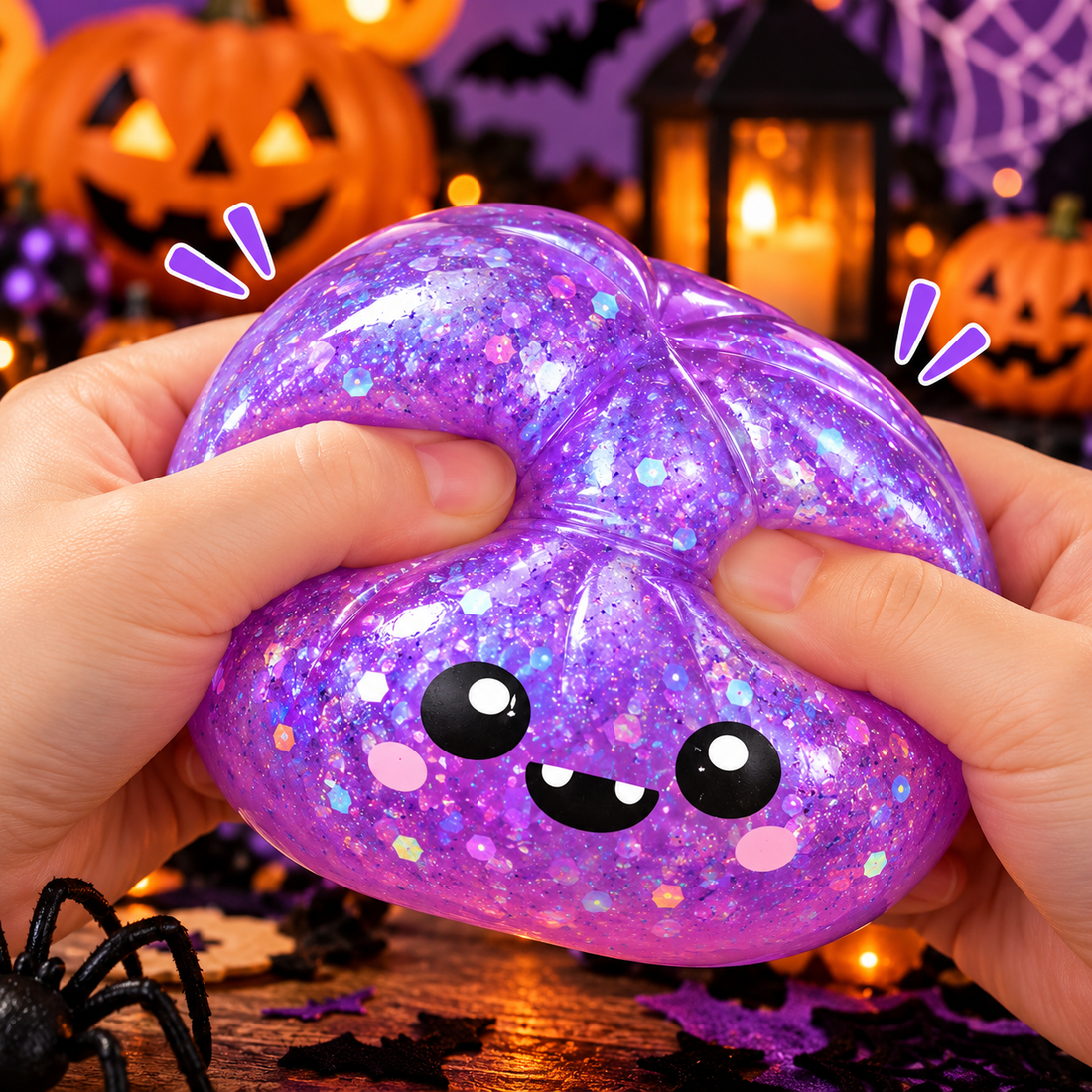 Halloween Purple Glitter Squishy Toy – 8cm Cute Monster Stress Relief Fidget Toy with Mini Steamer Basket