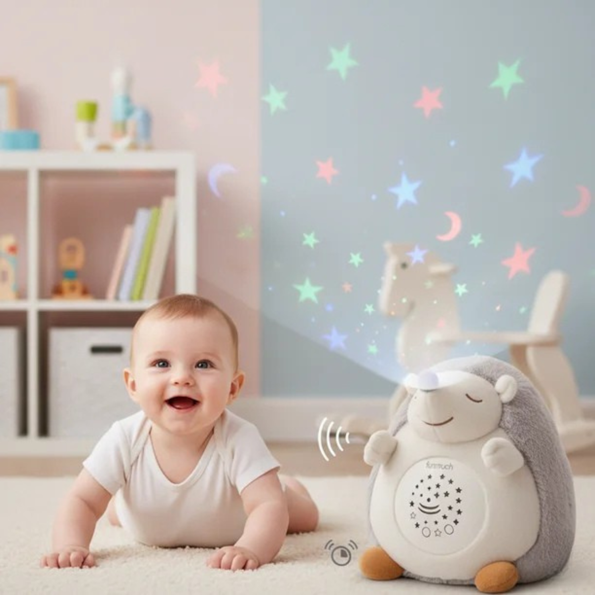 3-in-1 Hedgehog Plush Soother Toy for Newborns 0M+ – Star Projector & Soothing Sounds