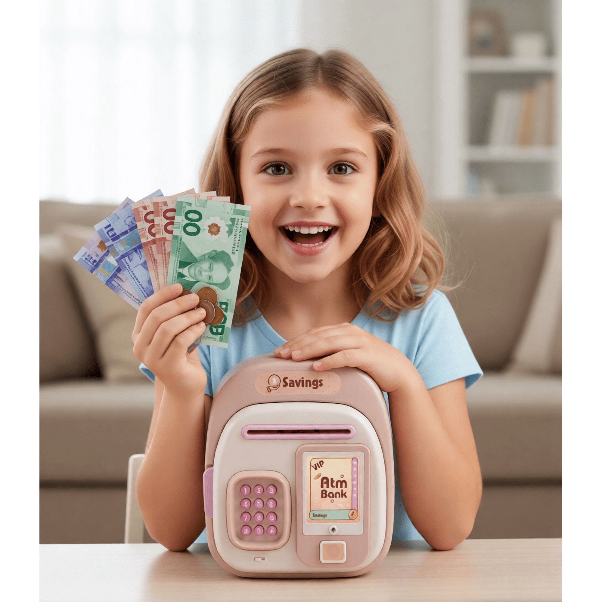 Kids Electronic ATM Savings Bank Toy with Password Protection, Automatic Bill & Coin Saving, Music Sound Effects, Pink